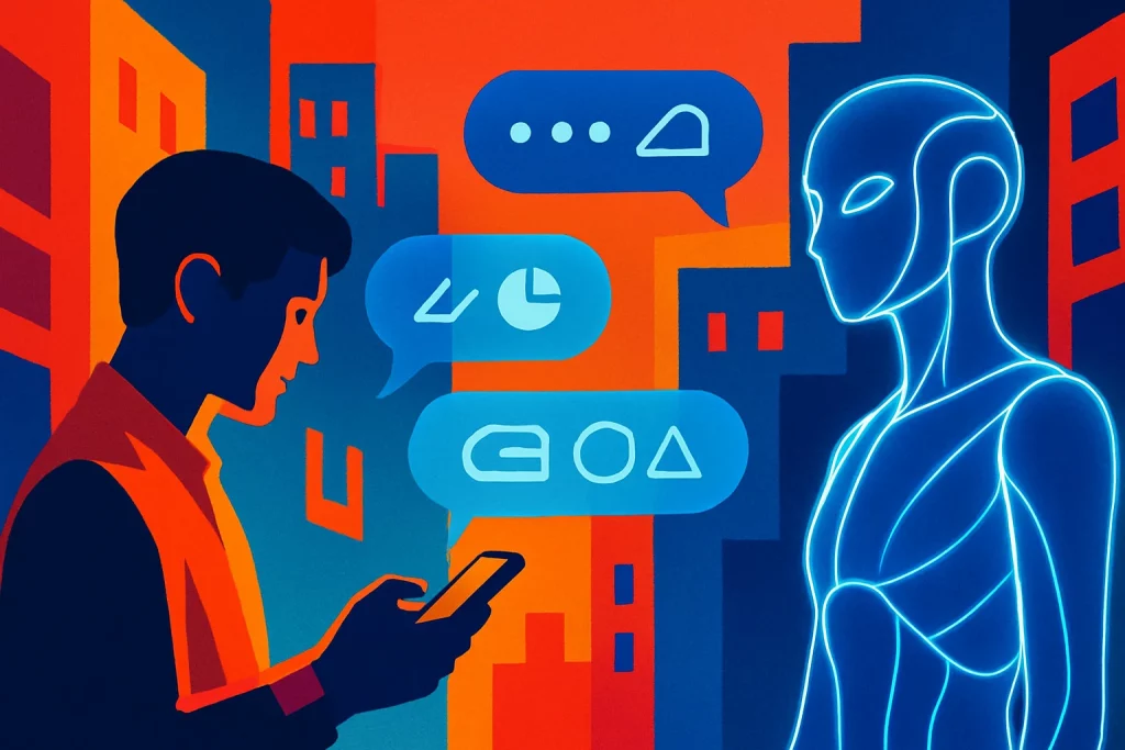 chatfish: capa com pessoa segurando celular à esquerda e IA azul luminosa à direita, bolhas translúcidas entre eles