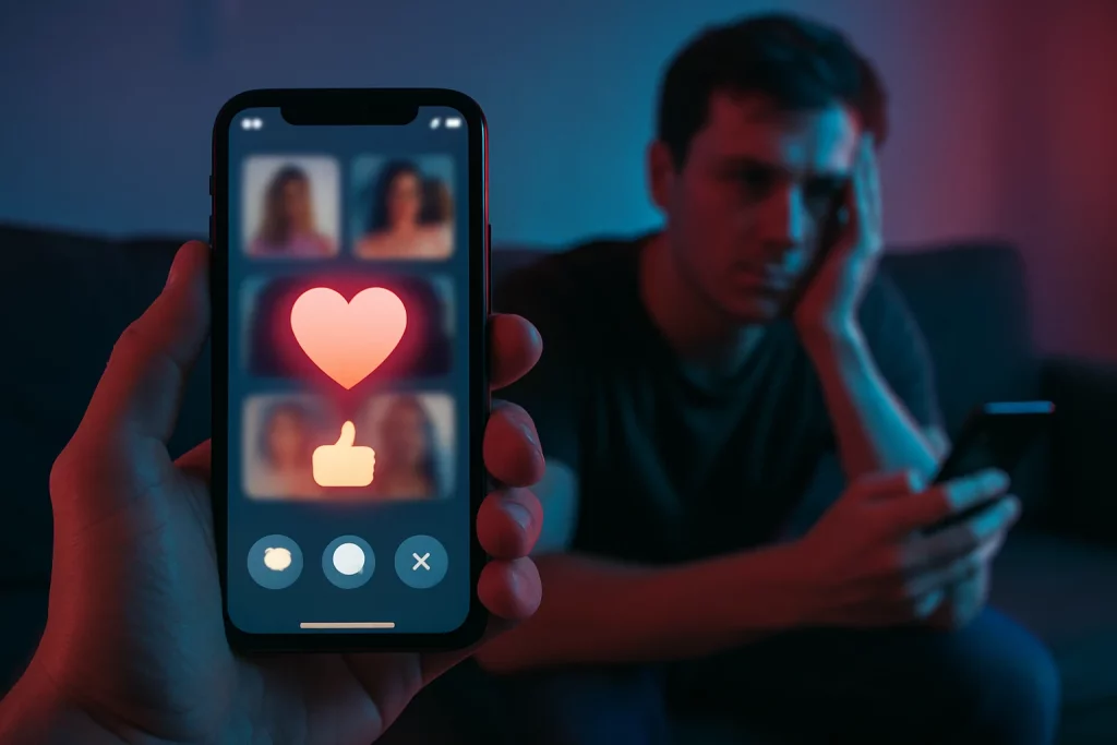 Primeiro plano de mão segurando celular com tela de apps; ego scrolling apps relacionamento sugerido pela tela.
