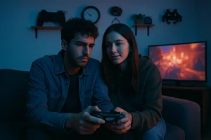 Casal jovem em sala de estar, mãos entrelaçadas sobre um controle, retrato de namoro autêntico no cotidiano gamer.