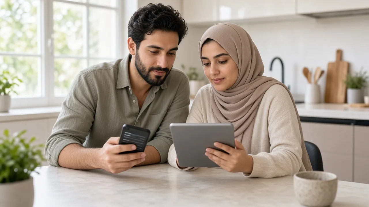زوجان يراجعان الميزانية الشهرية المشتركة بهدوء على الهاتف