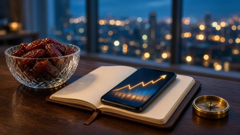 وعاء تمر وبوصلة مع أضواء المدينة يرمزان إلى الاستثمار الحلال للأزواج