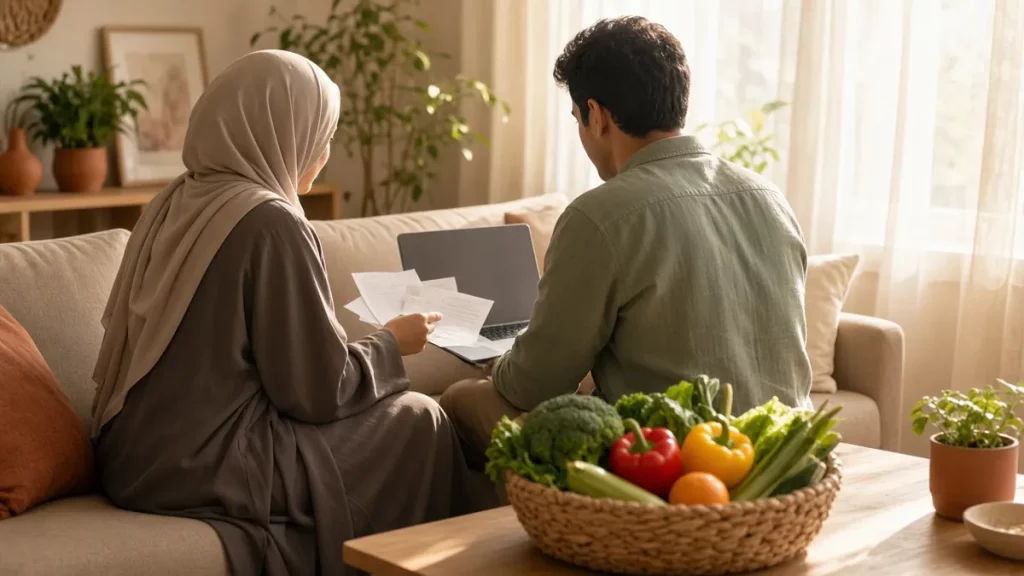 زوجان على الأريكة يراجعان إيصالات مصاريف المنزل المشتركة