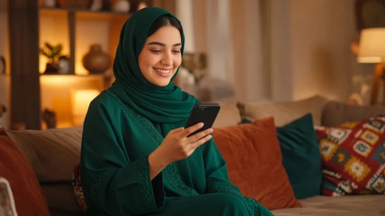 فتاة عربية تجلس في غرفة معيشة دافئة وتتحدث عبر مكالمة فيديو على هاتفها الذكي بابتسامة مطمئنة