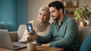 زوجان يجلسان على الأريكة وينظران إلى هاتف يعرض قفل أمان وبصمة إصبع في غرفة معيشة دافئة