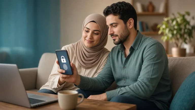 زوجان يجلسان على الأريكة وينظران إلى هاتف يعرض قفل أمان وبصمة إصبع في غرفة معيشة دافئة
