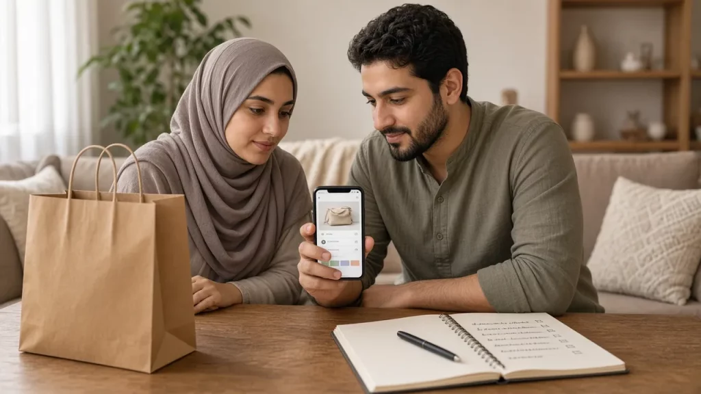 زوجان يجلسان إلى طاولة في غرفة المعيشة وينظران إلى هاتف يعرض خطة دفع بالتقسيط بجانب حقيبة تسوق ودفتر ميزانية