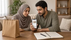 زوجان يجلسان إلى طاولة في غرفة المعيشة وينظران إلى هاتف يعرض خطة دفع بالتقسيط بجانب حقيبة تسوق ودفتر ميزانية