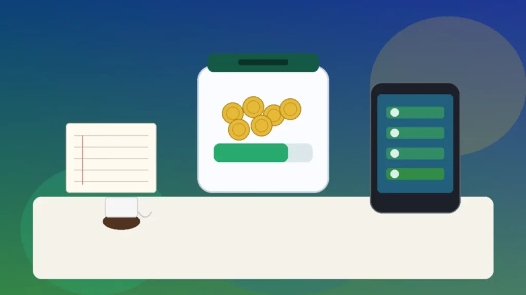 وعاء ادخار رقمي للطوارئ مع عملات وهاتف ودفتر تخطيط على طاولة منزلية دافئة