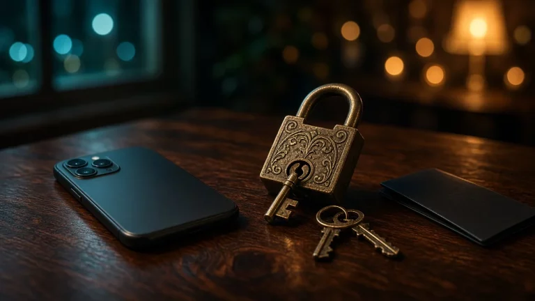 قفل نحاسي قديم بمفتاحه بجانب هاتف ذكي وبطاقة على طاولة خشبية في إضاءة ليلية زرقاء وكهرمانية ترمز إلى حماية مال الأسرة