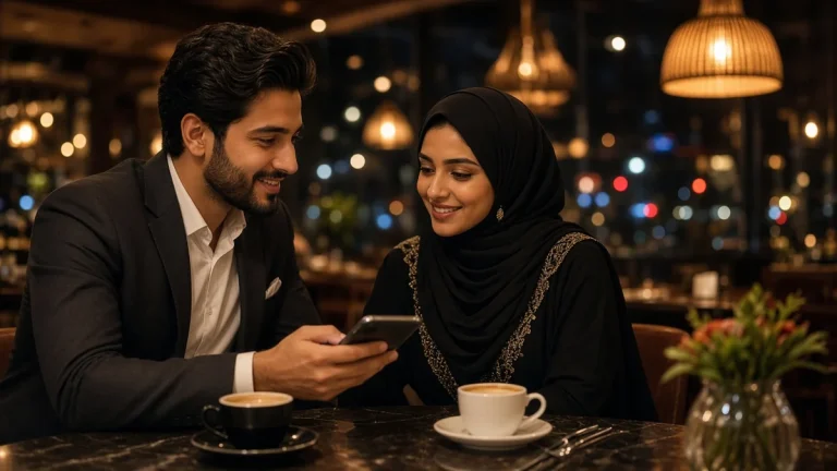 شاب وفتاة عربيان في مقهى مسائي أنيق ينظران بابتسامة إلى الهاتف مع فنجاني قهوة على طاولة رخامية