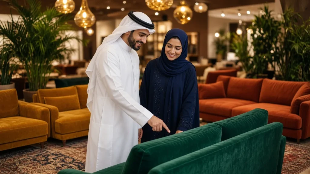 زوجان خليجيان يبتسمان أثناء اختيار أريكة مخملية خضراء في معرض أثاث ملون بإضاءة ذهبية دافئة