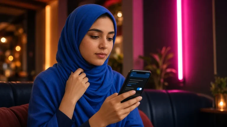 شابة عربية تضبط إعدادات الخصوصية على هاتفها الذكي في مقهى عصري
