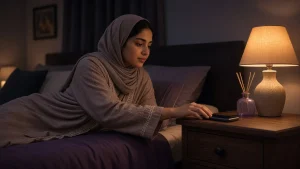 شابة عربية تضع هاتفها جانبًا بهدوء في غرفة دافئة الإضاءة