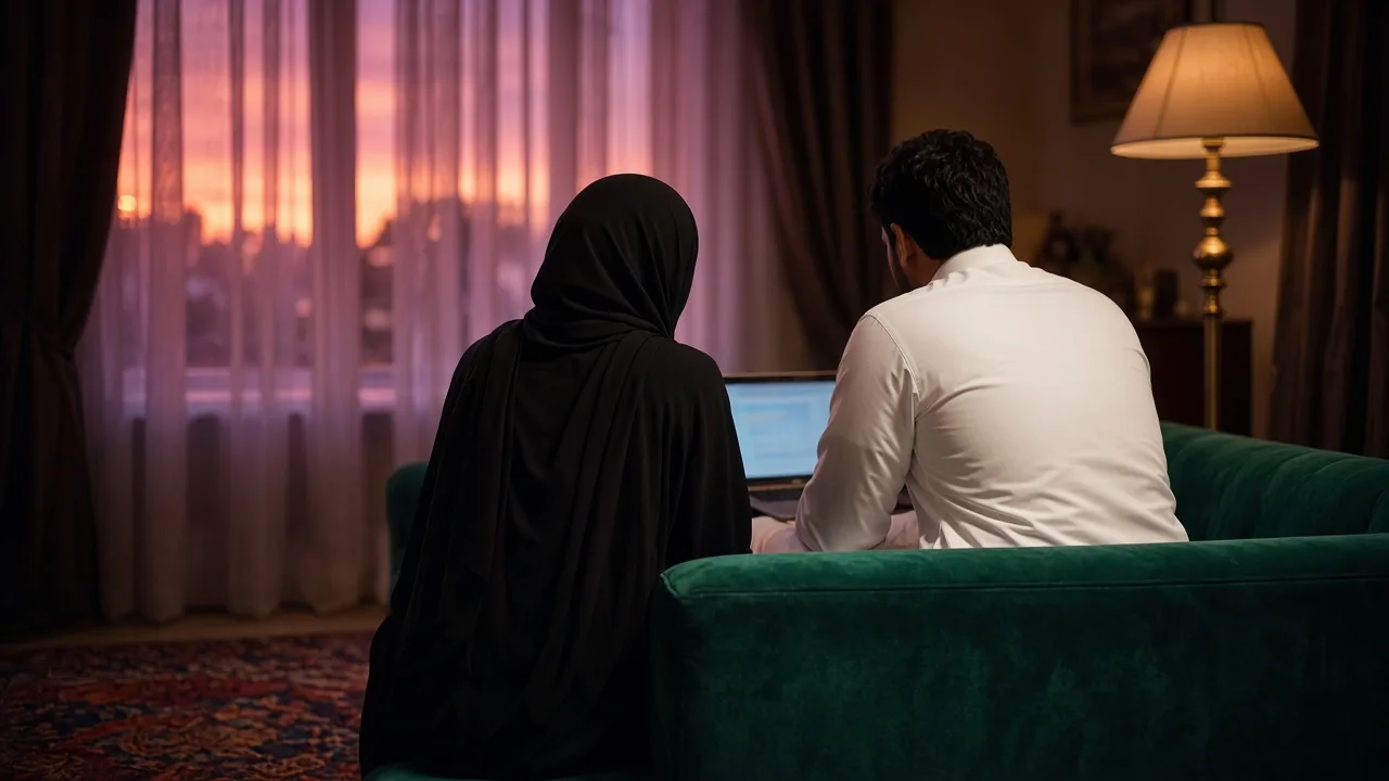 زوجان من الخلف يراجعان حساباتهما معًا على حاسوب محمول في مساء دافئ الإضاءة