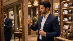 رجل أنيق يحمل زجاجة عطر في متجر فاخر