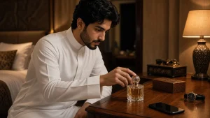 شاب عربي بالثوب الأبيض يختار عطره وساعته بأناقة قبل الموعد