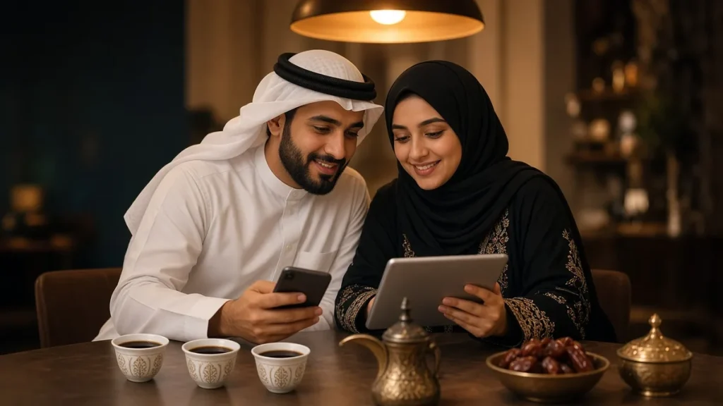 شاب وشابة عربيان يخططان لميزانية مواعيدهما على جهاز لوحي مع القهوة العربية