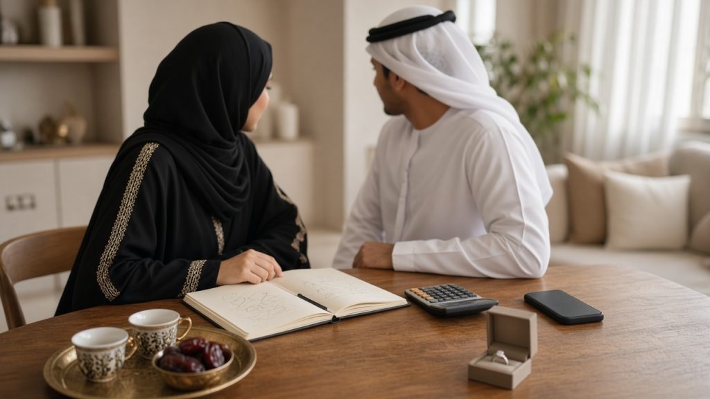 خطيبان خليجيان يخططان معًا لميزانية الزواج على طاولة في المنزل مع دفتر وآلة حاسبة وقهوة عربية وتمر
