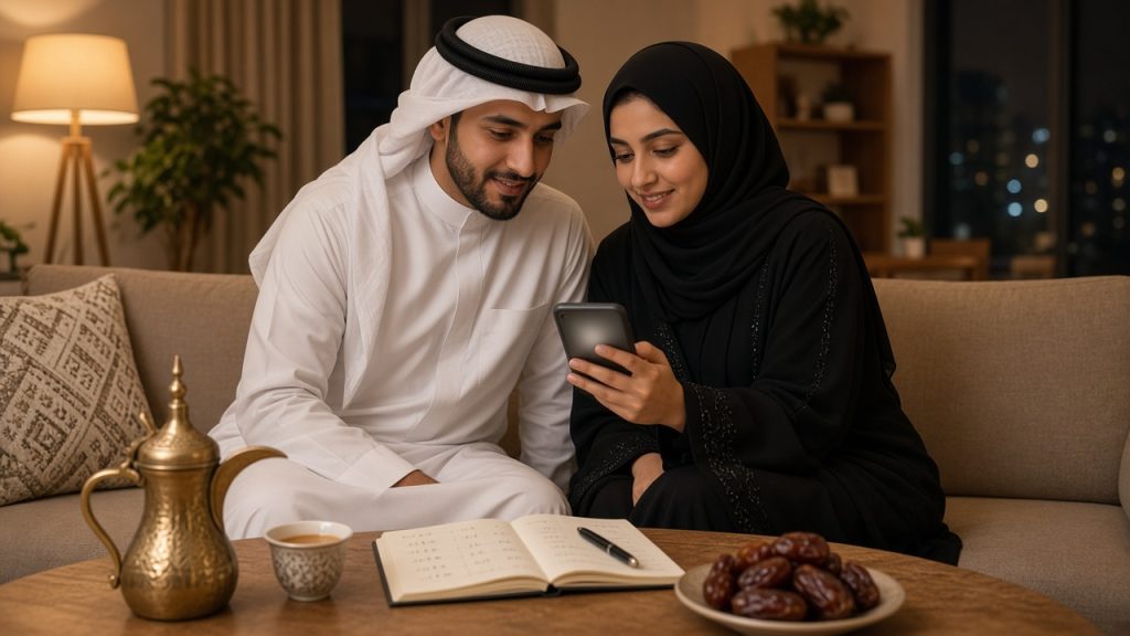 زوجان خليجيان على أريكة في المنزل ينظران معًا إلى الهاتف لتخطيط حوالة مالية إلى الأهل مع دفتر وقهوة عربية وتمر