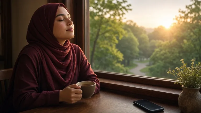 شابة عربية تتنفس بهدوء أمام نافذة مطلة على حديقة خضراء عند الشروق