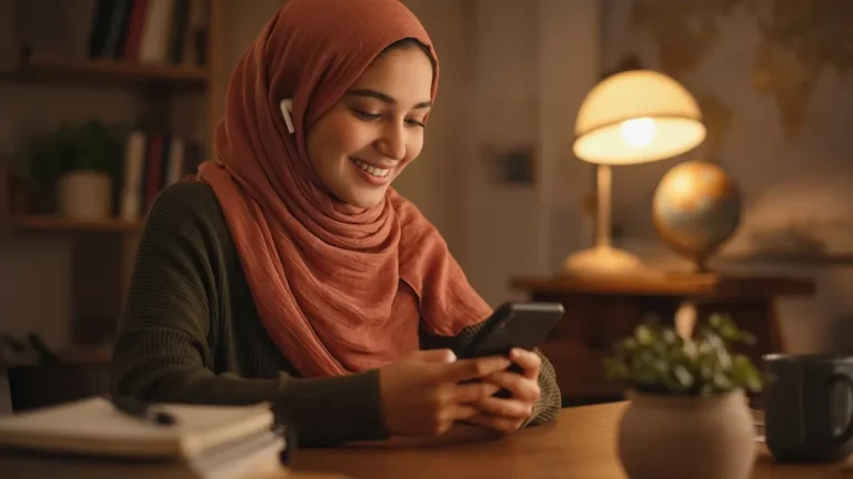 شابة عربية بحجاب برتقالي تتحدث عبر سماعات الأذن والهاتف الذكي على مكتب دافئ الإضاءة بجانب مجسم للكرة الأرضية