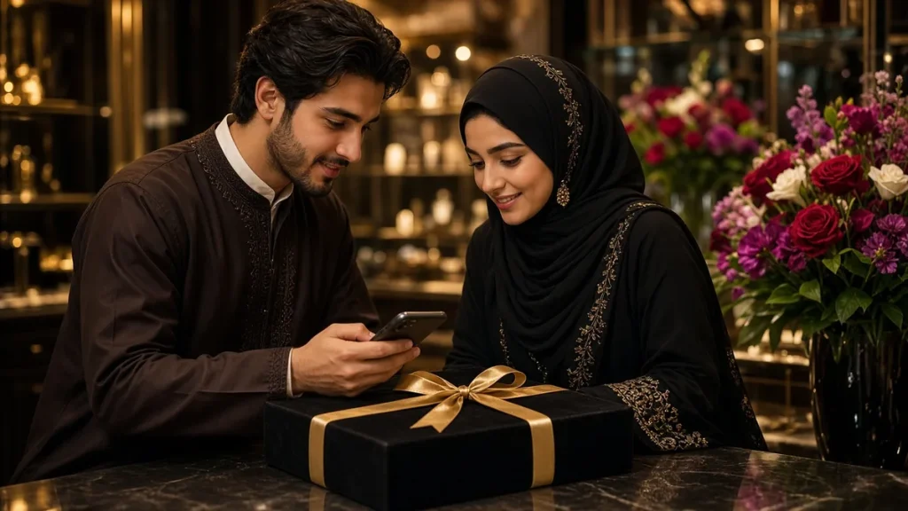 ثنائي عربي يختار هدية أنيقة بوعي مالي في متجر راقٍ