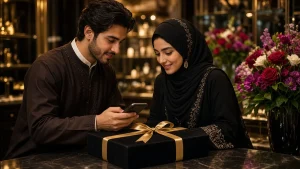 ثنائي عربي يختار هدية أنيقة بوعي مالي في متجر راقٍ