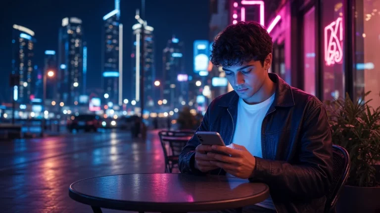 شاب يكتب على هاتفه في مقهى بأضواء النيون في دبي ليلاً
