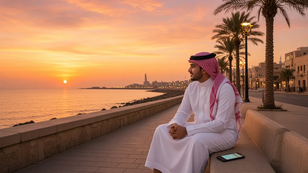 رجل يتأمل البحر بهدوء على كورنيش جدة عند الغروب وهاتفه بجانبه